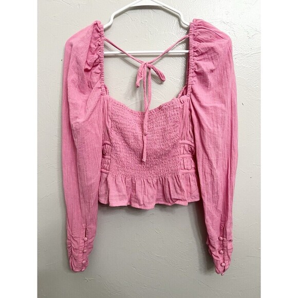 Free People Chloe Top Long Sleeve Wired Sweetheart Neckline Smocked Pink Small - Picture 10 of 10